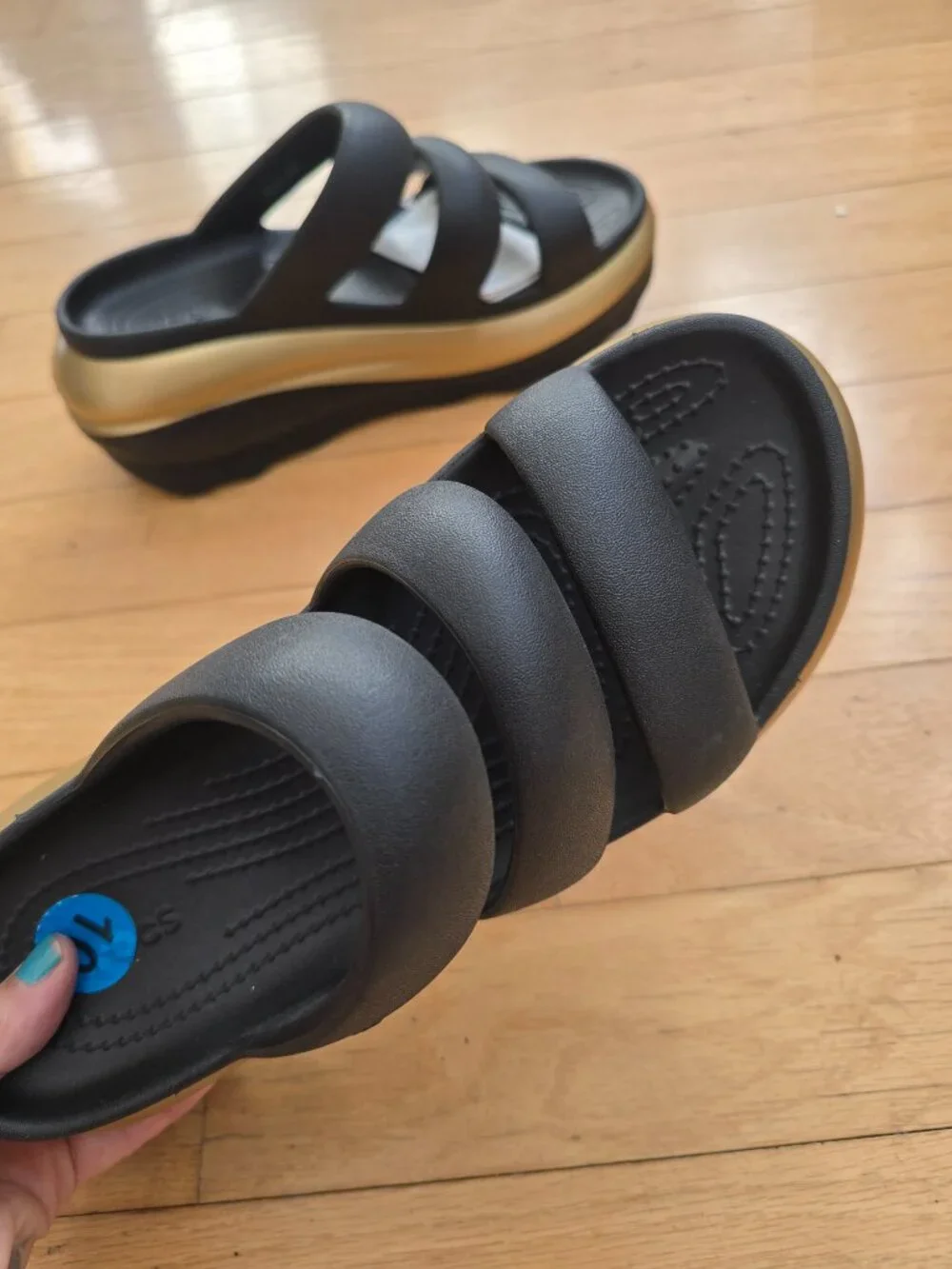 Crocs | Mega Crush Triple Strap Black Gold Platform Sandals | WMS 10